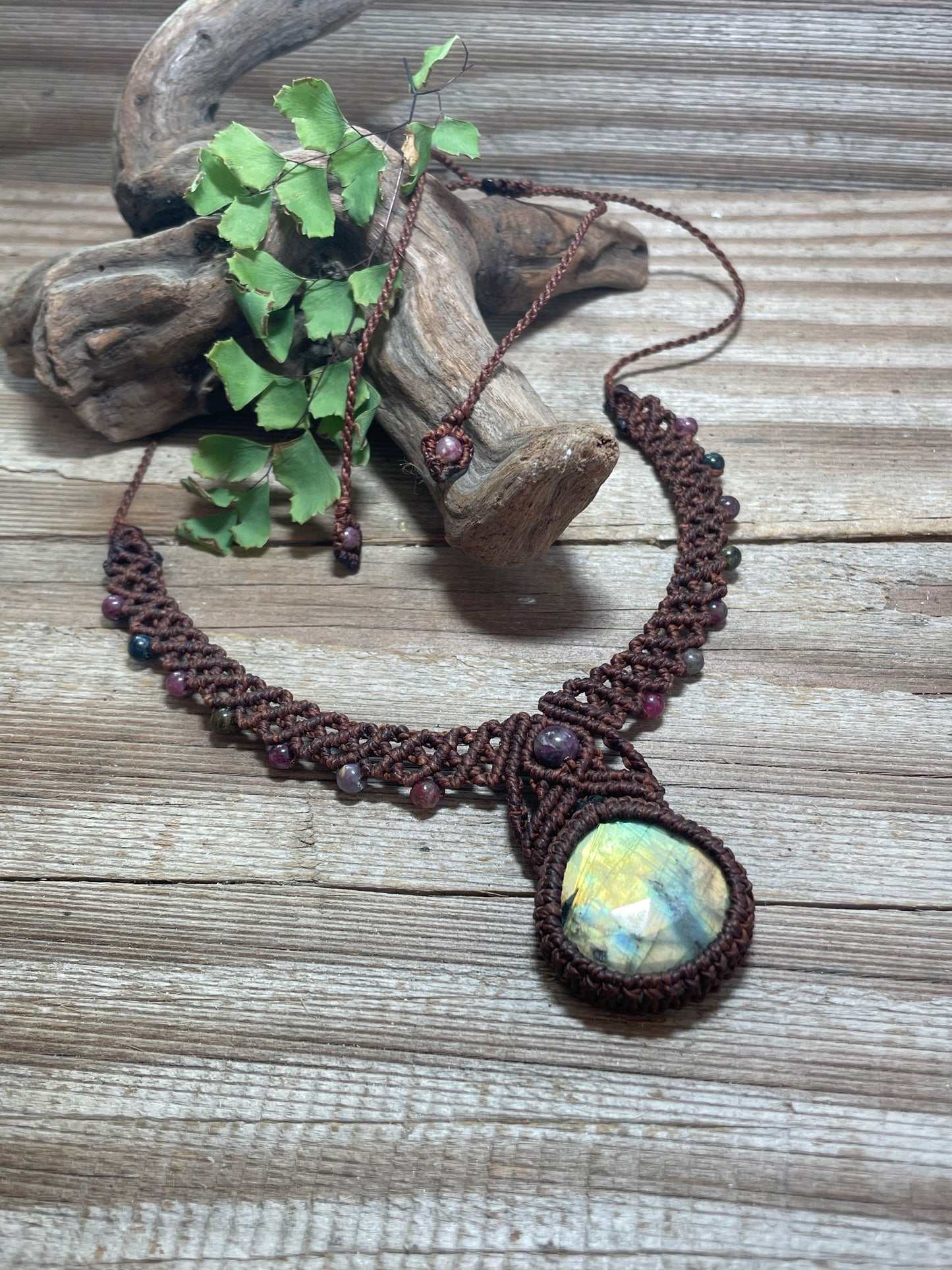 Labradorite & Rainbow Tourmaline Brown Macrame Collar Necklace