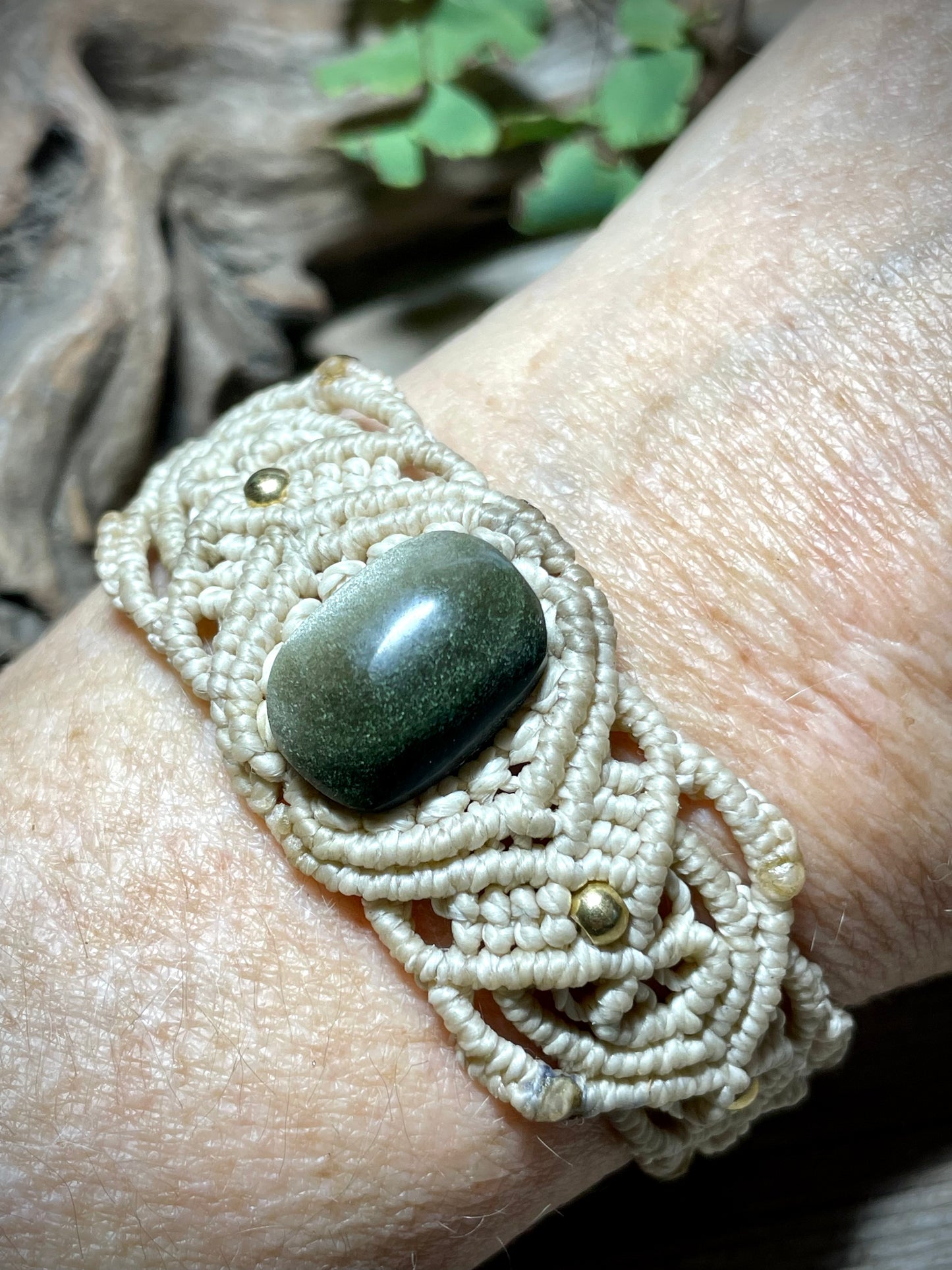 Gold Sheen Obsidian Cream Macrame Bracelet