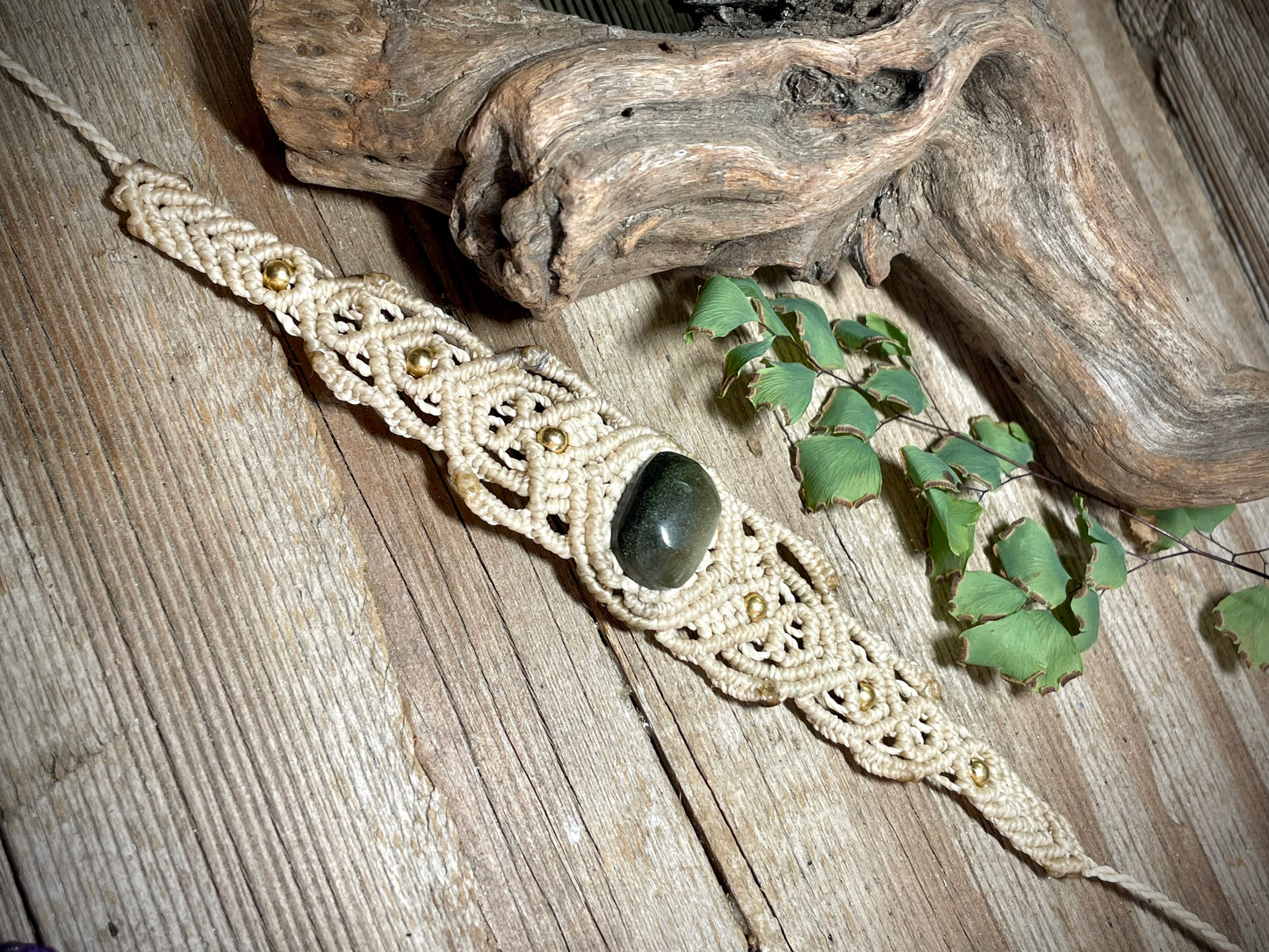 Gold Sheen Obsidian Cream Macrame Bracelet