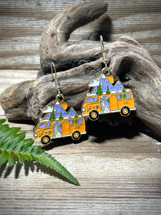 Hippy Bus Earrings Enamel Orange
