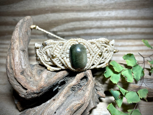 Gold Sheen Obsidian Cream Macrame Bracelet
