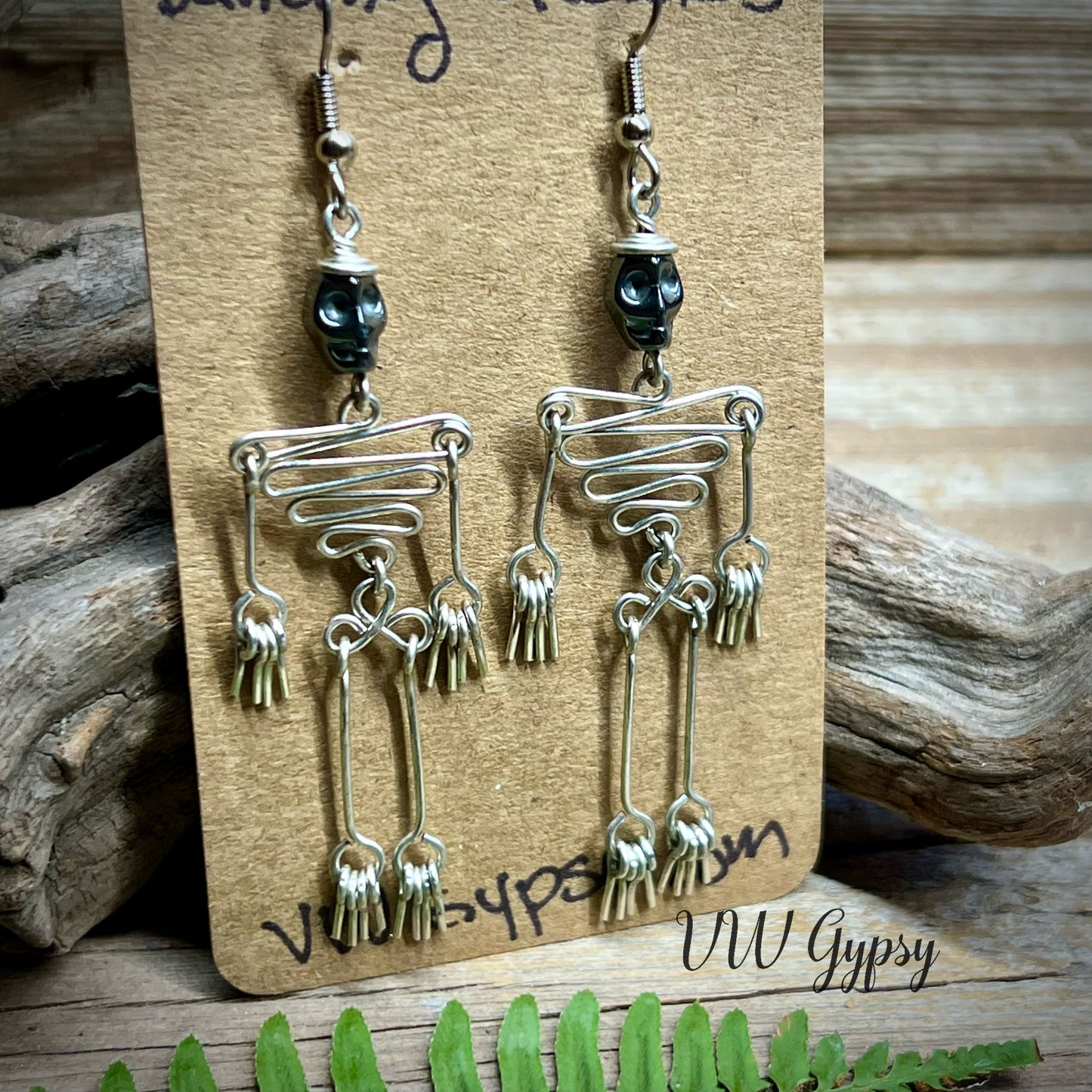 Dancing Skeleton Articulated Earrings Sterling Silver & Copper w Skull Beads