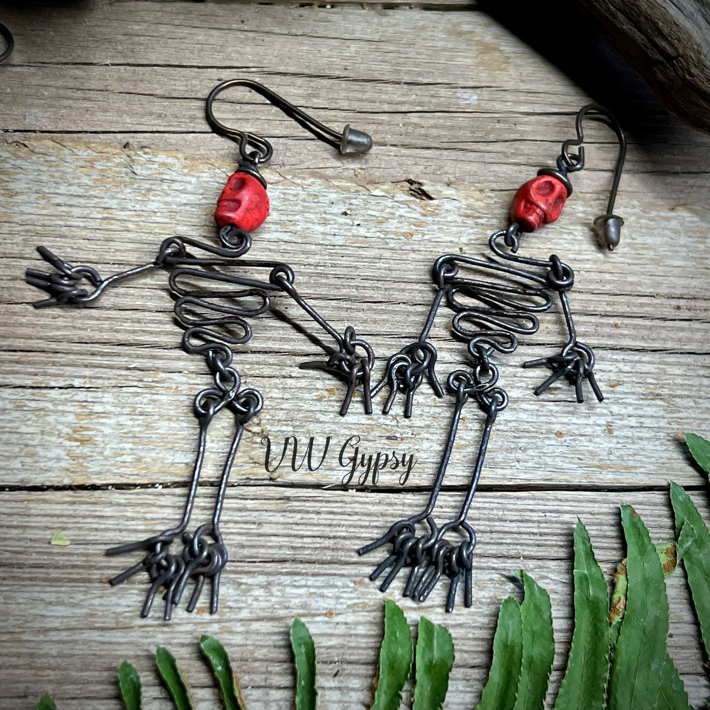 Dancing Skeleton Articulated Earrings Sterling Silver & Copper w Skull Beads