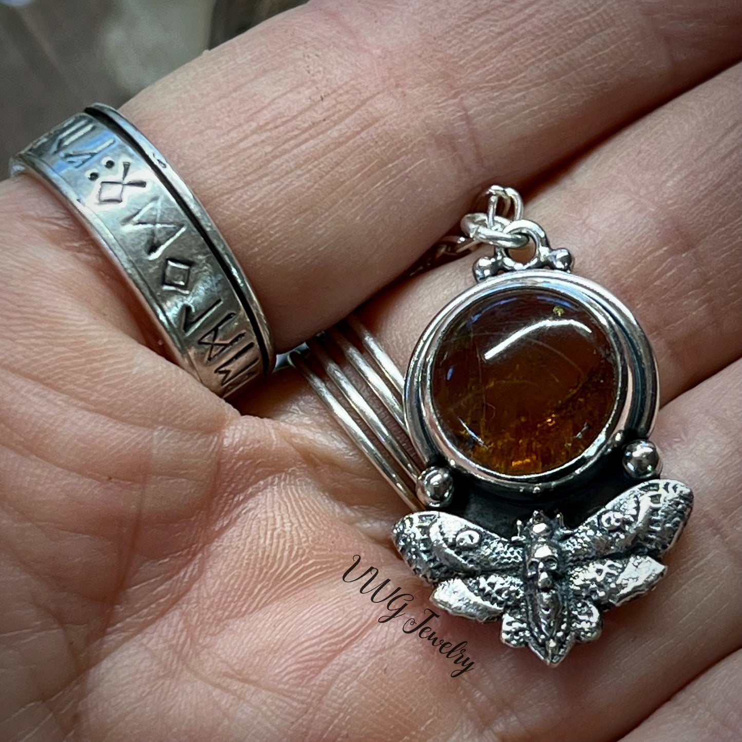 Hawks Moth Sm Amber & Sterling Silver Necklace