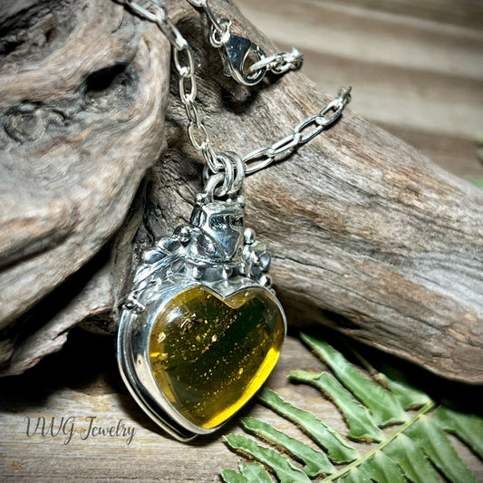 Love Bus Sterling Silver Necklace with Mexican Amber Heart Handmade Pendant Hippie Jewelry