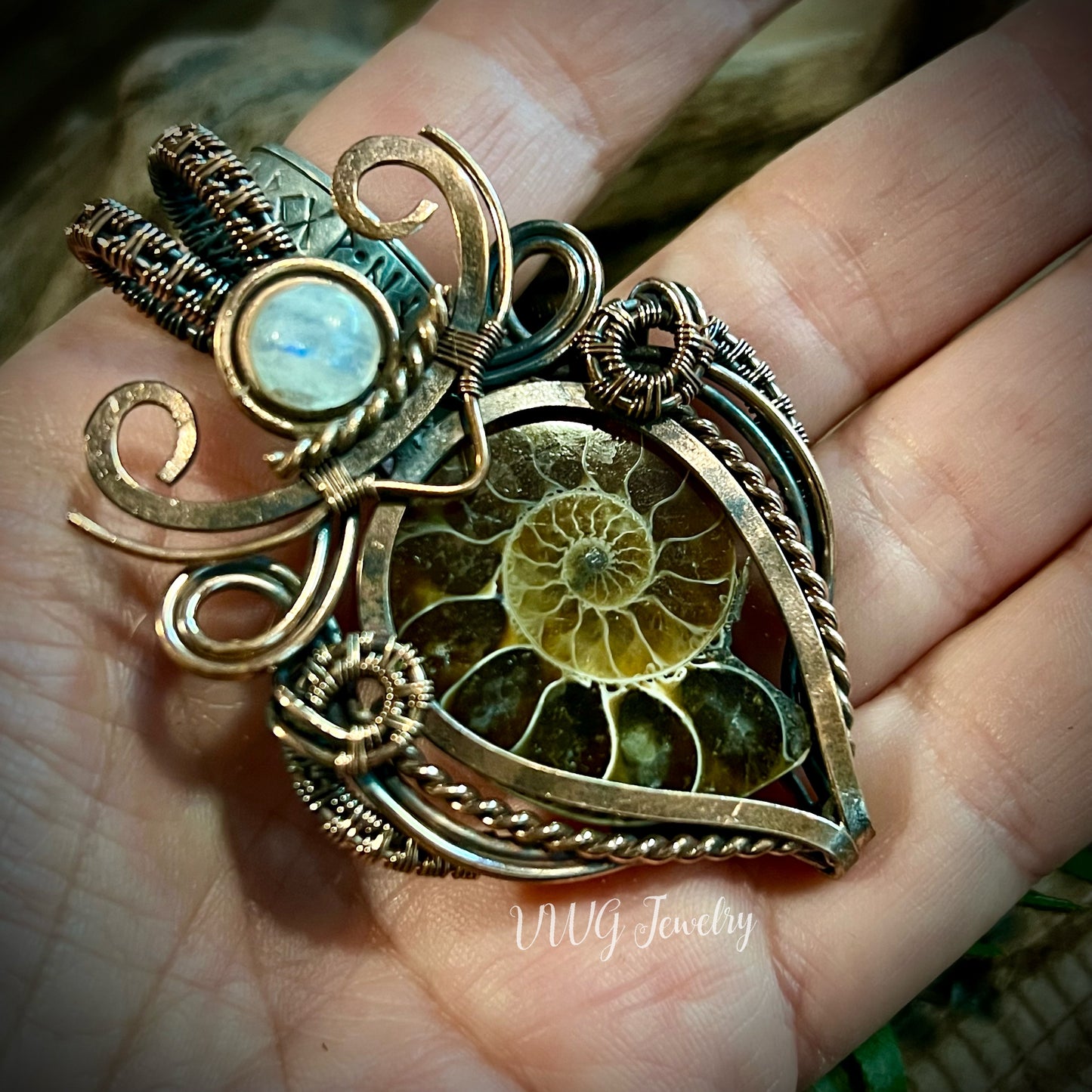 Ammonite & Moonstone Wire Wrap Pendant