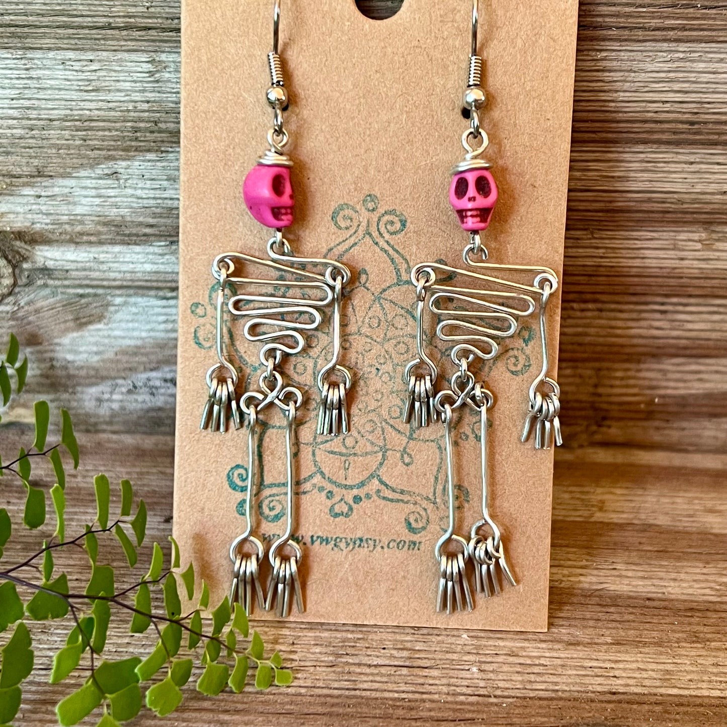 Dancing Skeleton Articulated Earrings Sterling Silver & Copper w Skull Beads