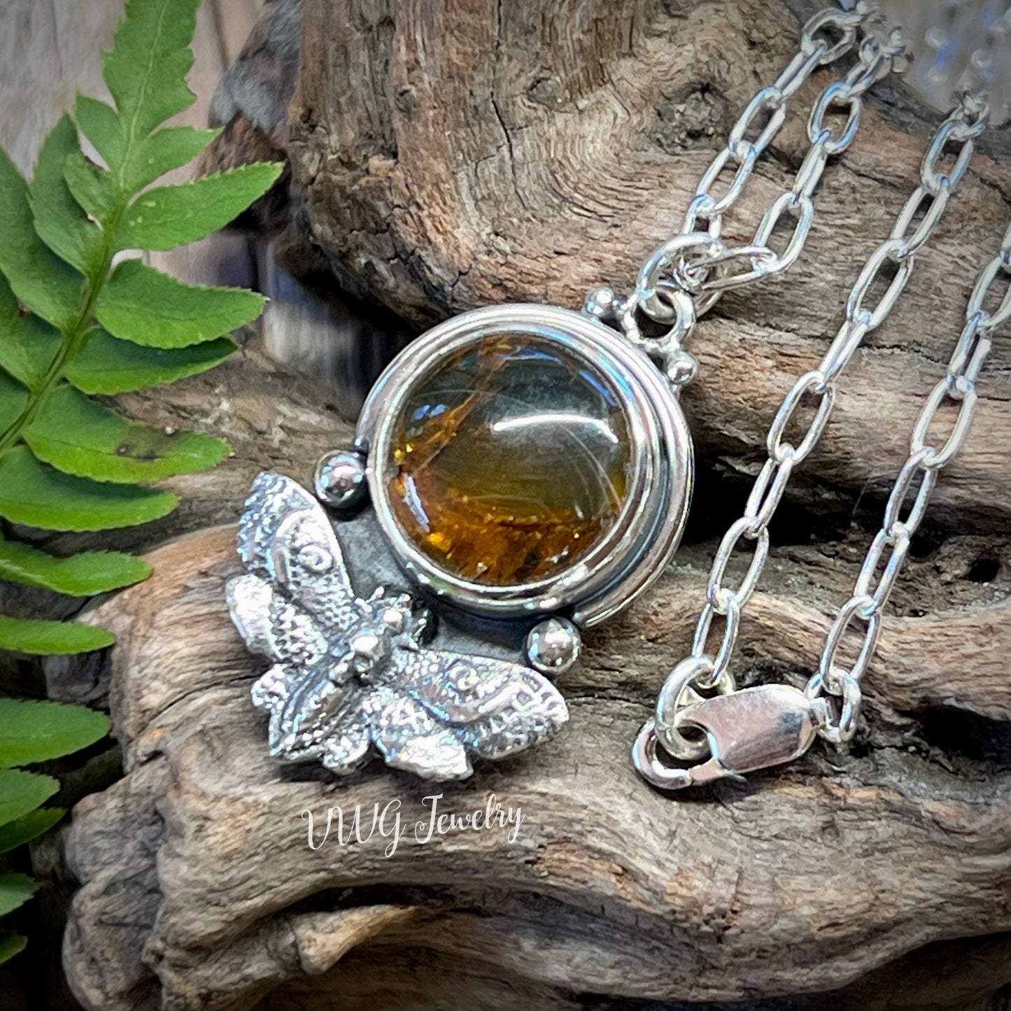 Hawks Moth Sm Amber & Sterling Silver Necklace