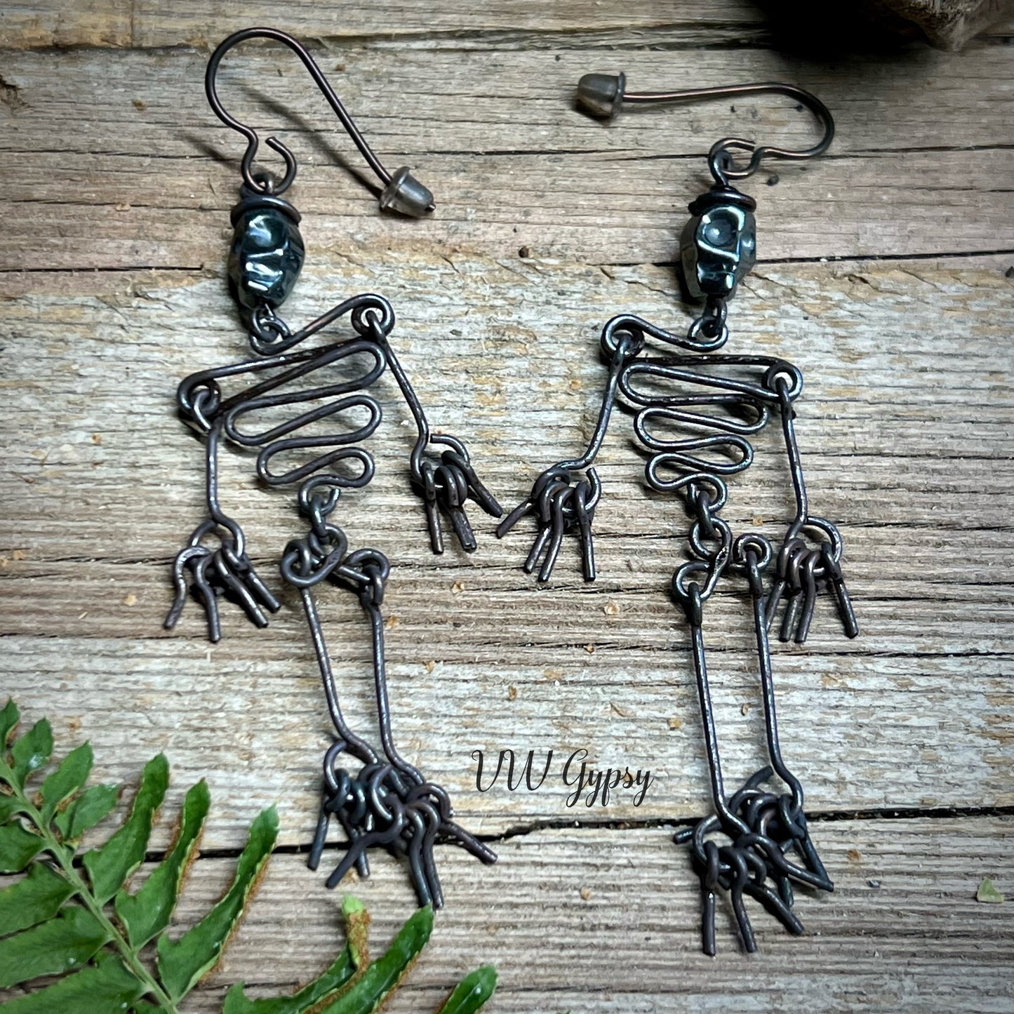 Dancing Skeleton Articulated Earrings Sterling Silver & Copper w Skull Beads