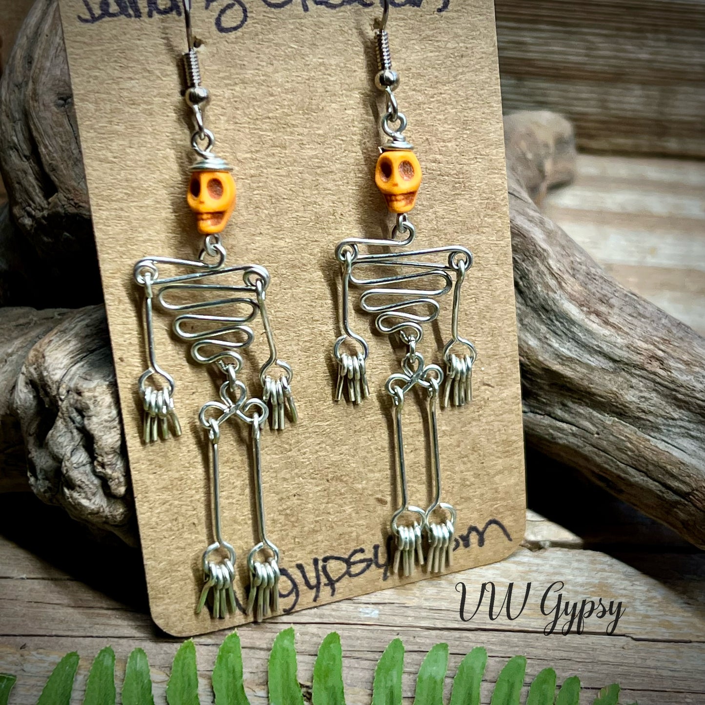 Dancing Skeleton Articulated Earrings Sterling Silver & Copper w Skull Beads