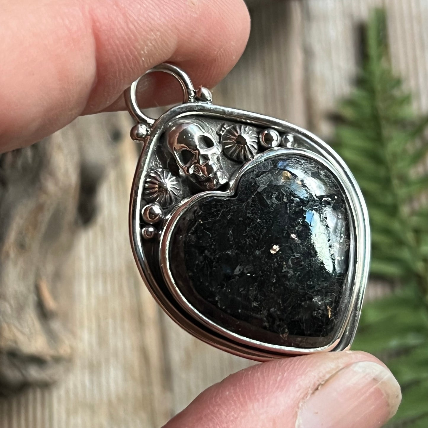 Nuummite Heart & Skull Sterling Silver Pendant