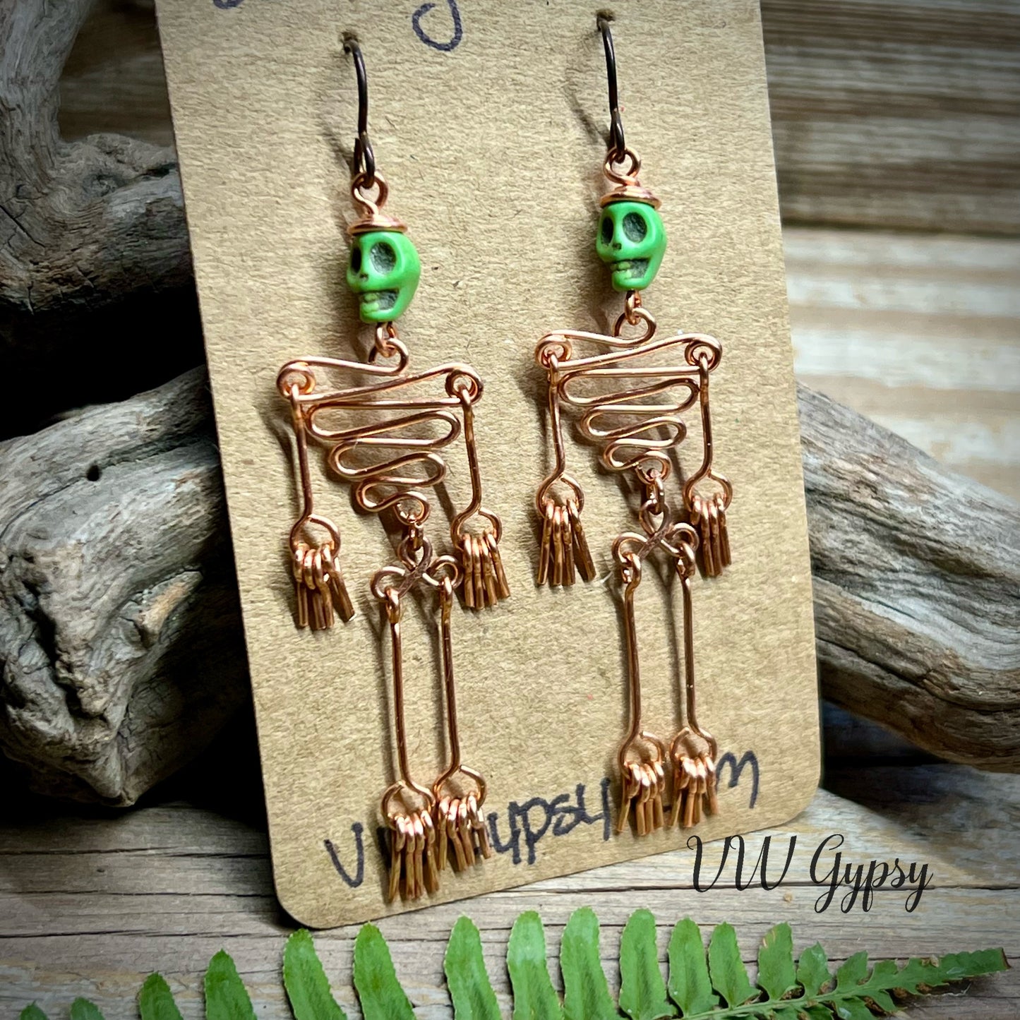 Dancing Skeleton Articulated Earrings Sterling Silver & Copper w Skull Beads