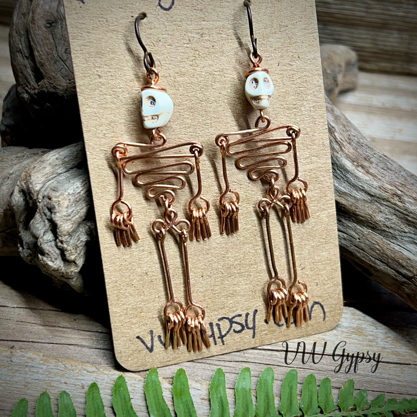 Dancing Skeleton Articulated Earrings Sterling Silver & Copper w Skull Beads