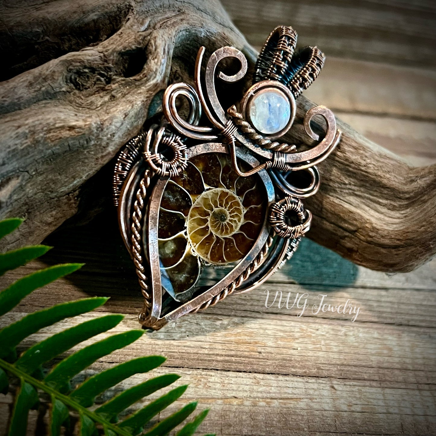 Ammonite & Moonstone Wire Wrap Pendant