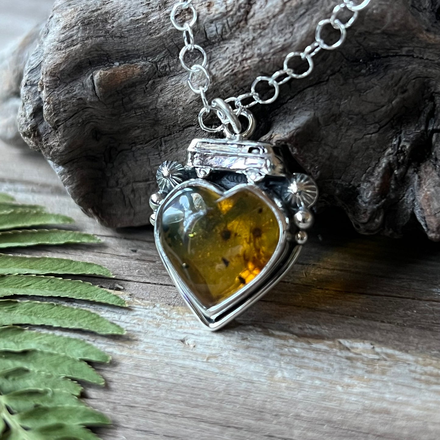 Love Bus Amber Heart & Sterling Necklace