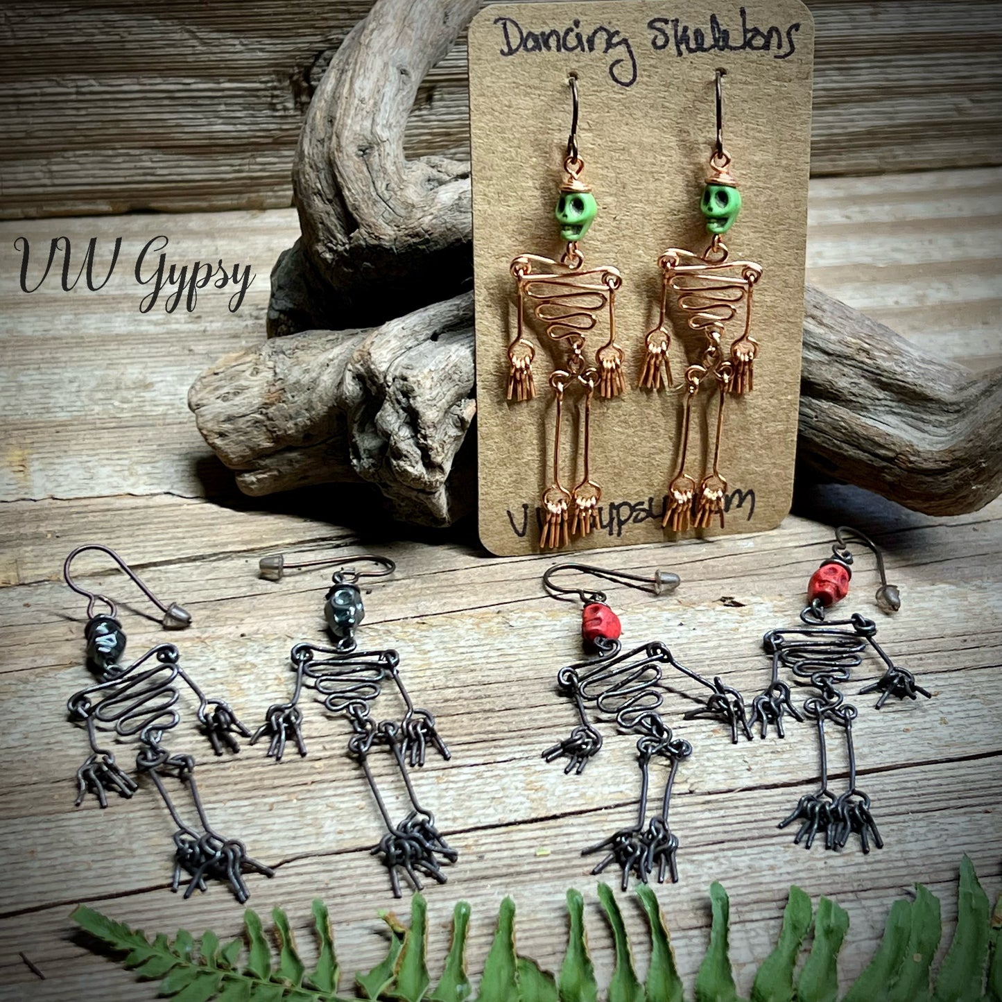 Dancing Skeleton Articulated Earrings Sterling Silver & Copper w Skull Beads