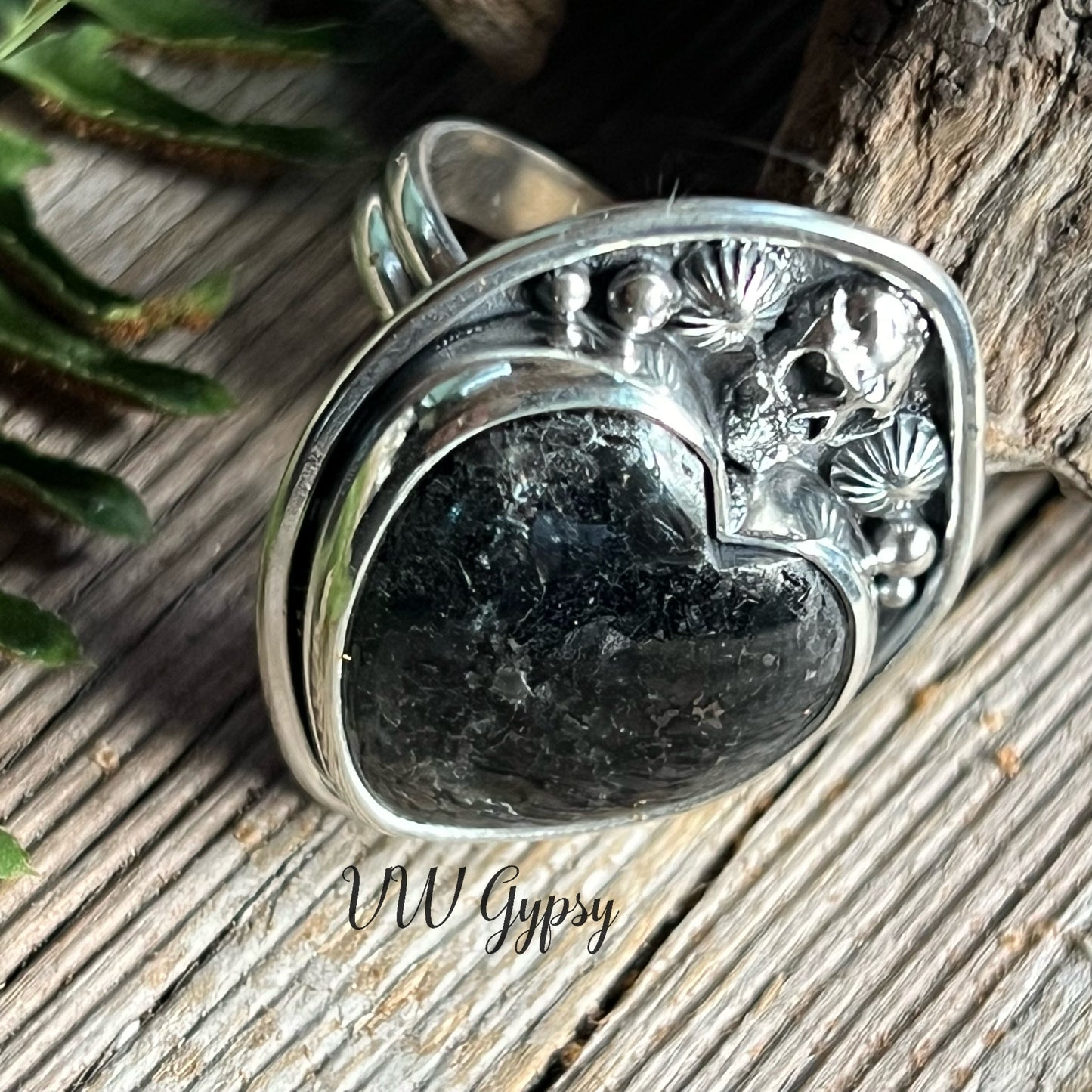 Nuummite Heart & Skull Sterling Ring 8.5