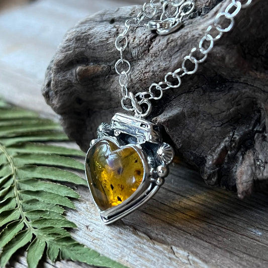 Love Bus Amber Heart & Sterling Necklace