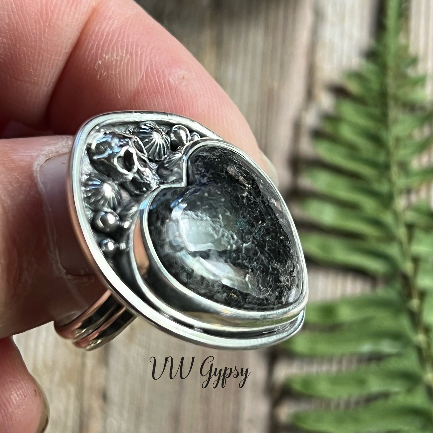 Nuummite Heart & Skull Sterling Ring 8.5