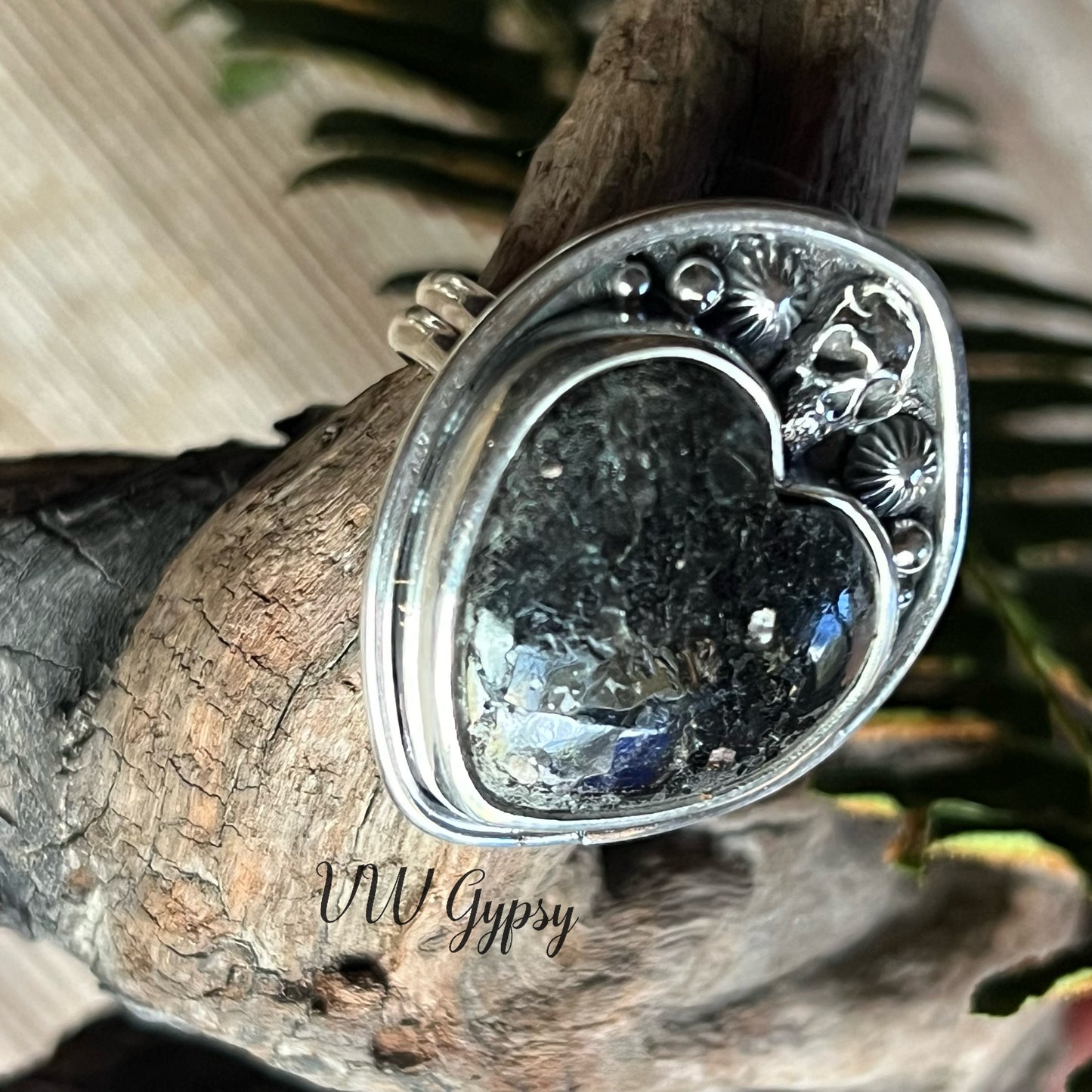 Nuummite Heart & Skull Sterling Ring 8.5