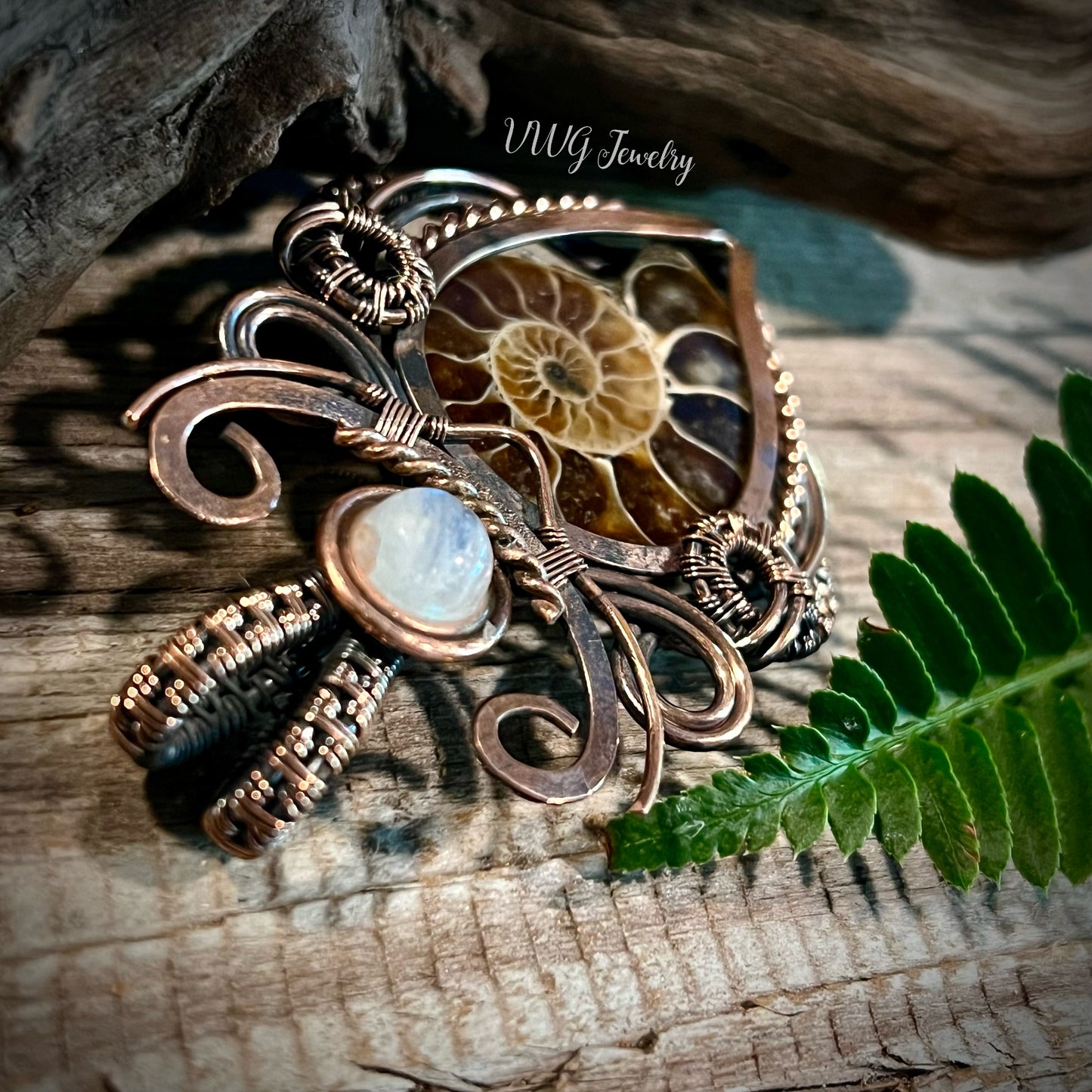 Ammonite & Moonstone Wire Wrap Pendant