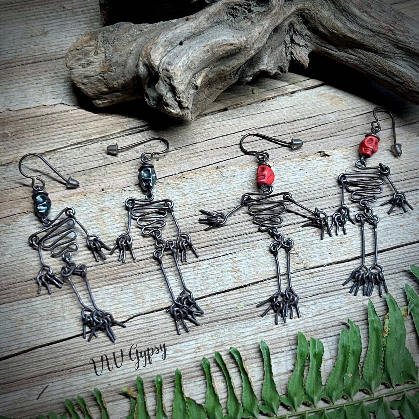 Dancing Skeleton Articulated Earrings Sterling Silver & Copper w Skull Beads