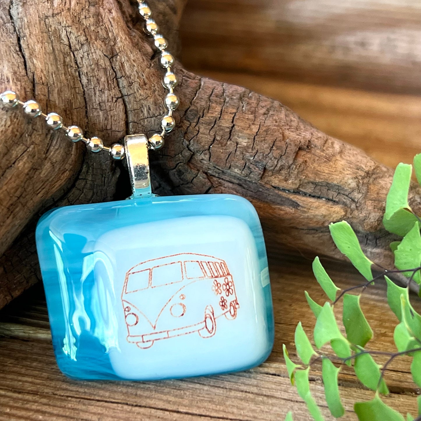 Fused Glass Bus Necklace Lt Blue