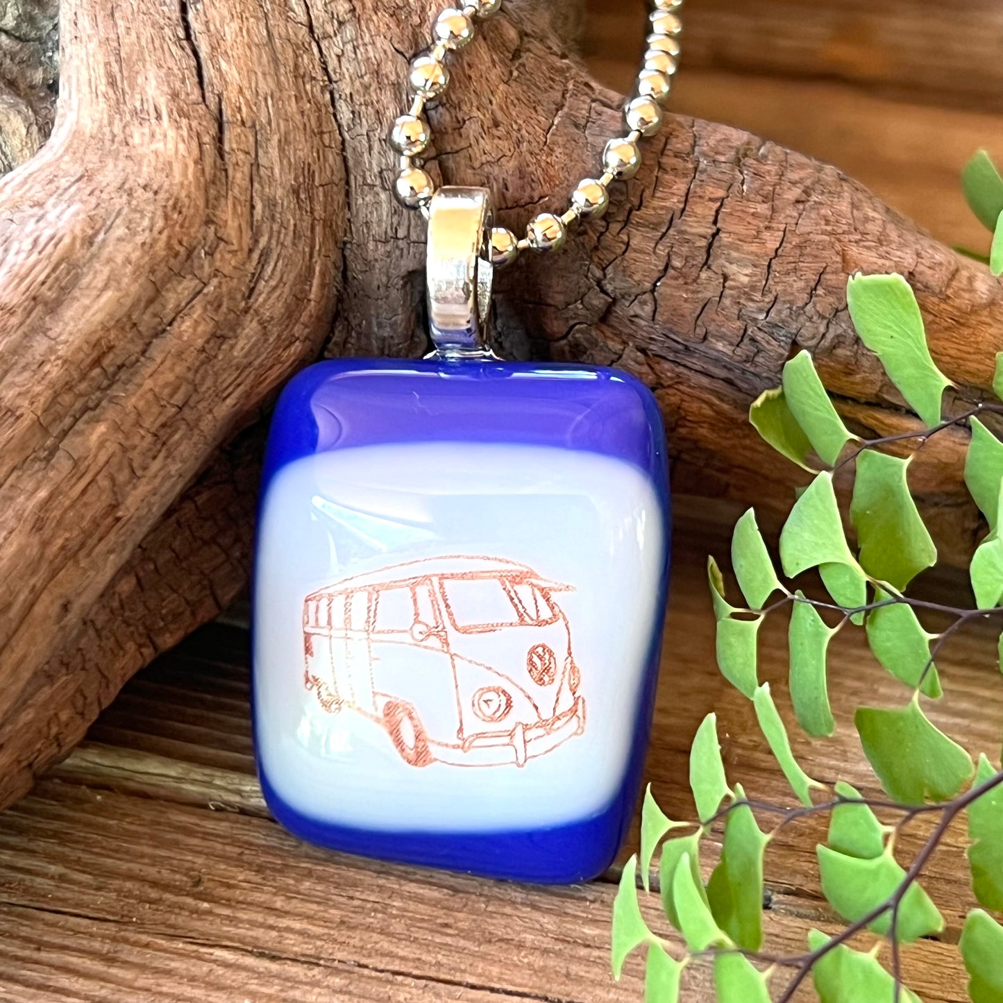 Fused Glass Bus Necklace Dk Blue