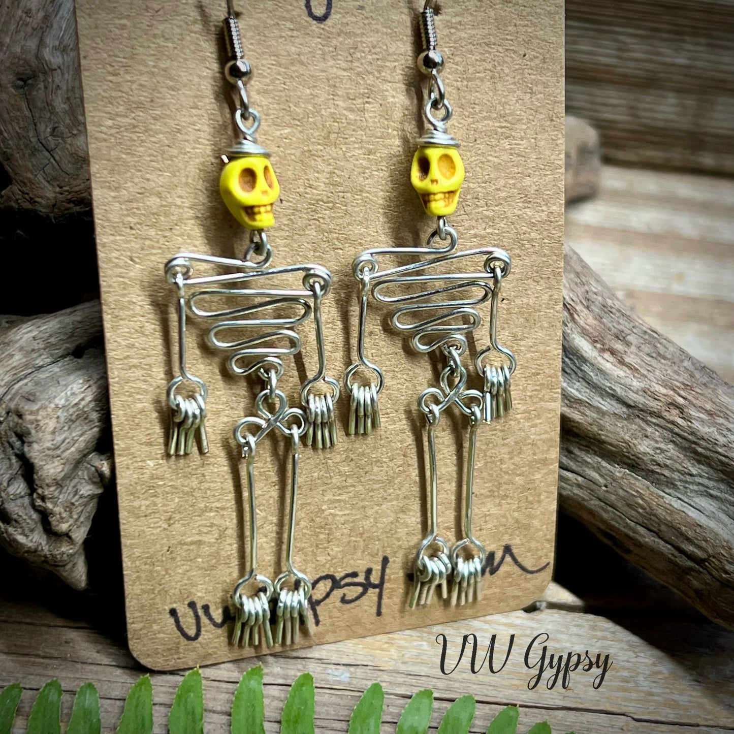 Dancing Skeleton Articulated Earrings Sterling Silver & Copper w Skull Beads