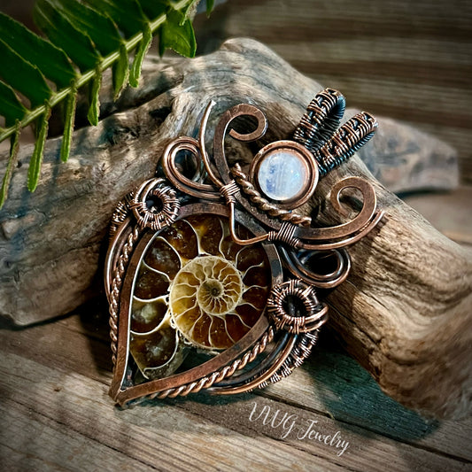 Ammonite & Moonstone Wire Wrap Pendant