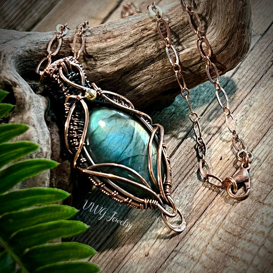 Blue & Yellow Labradorite Wire Wrap Pendant