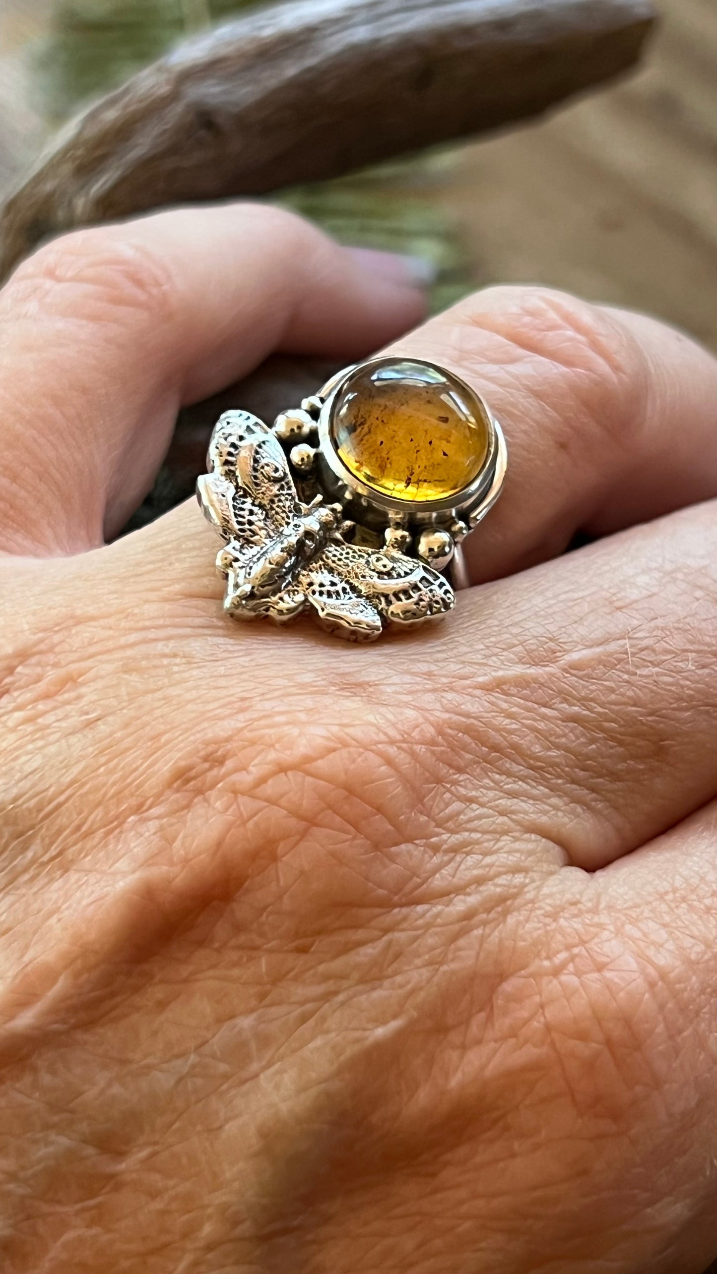 Hawks Moth Amber Ring .925 size 7