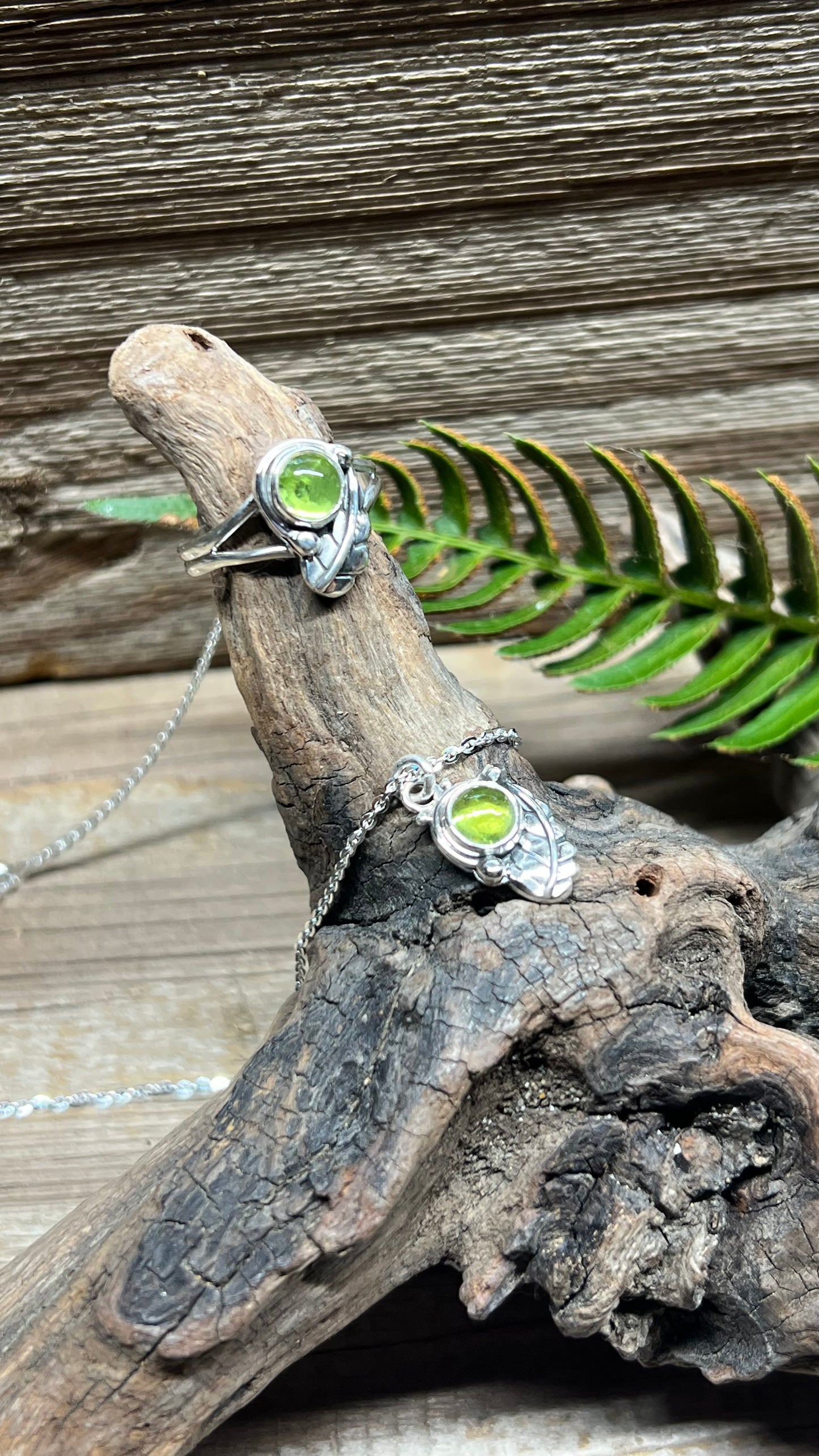 Peridot & Leaf Sterling Silver Rings