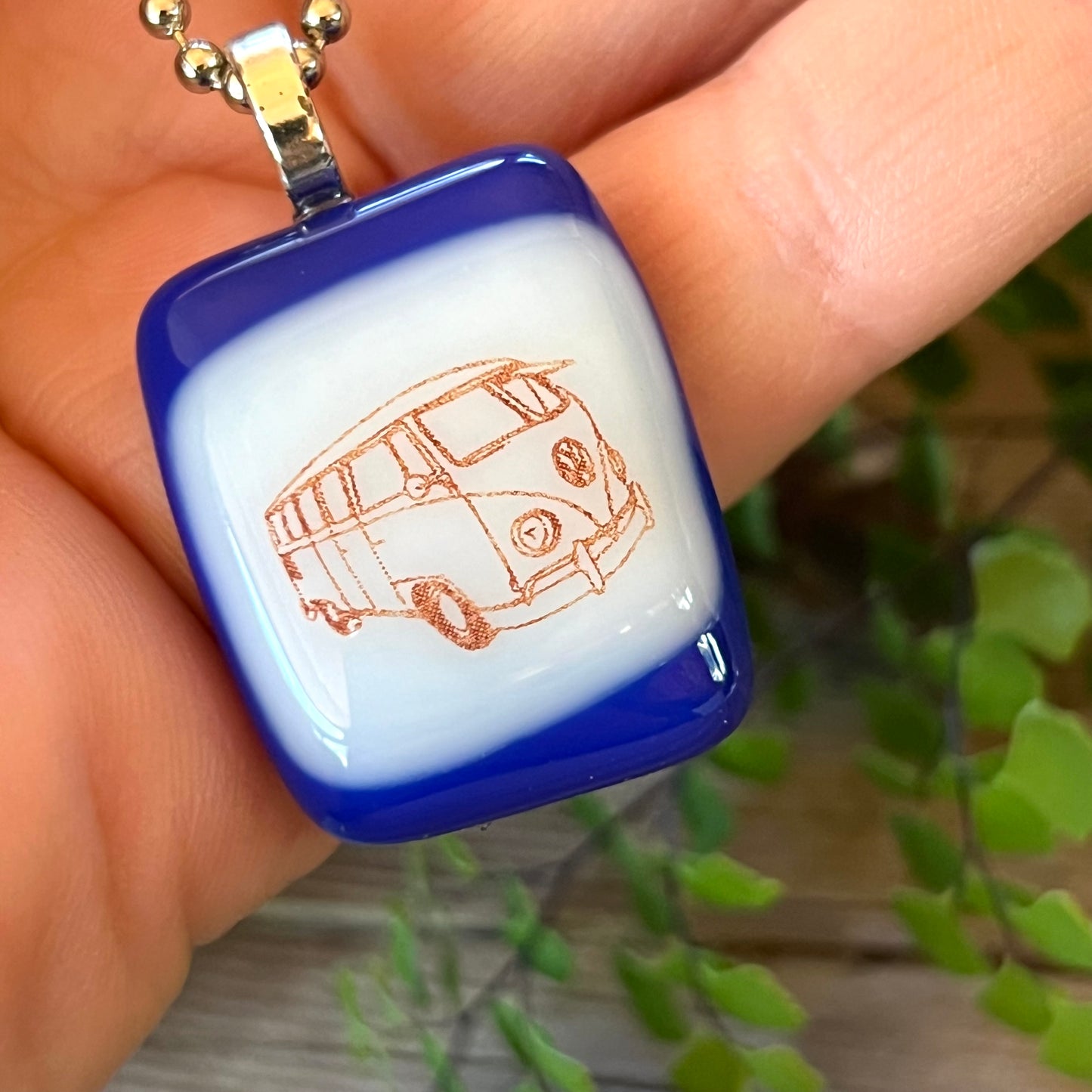 Fused Glass Bus Necklace Dk Blue