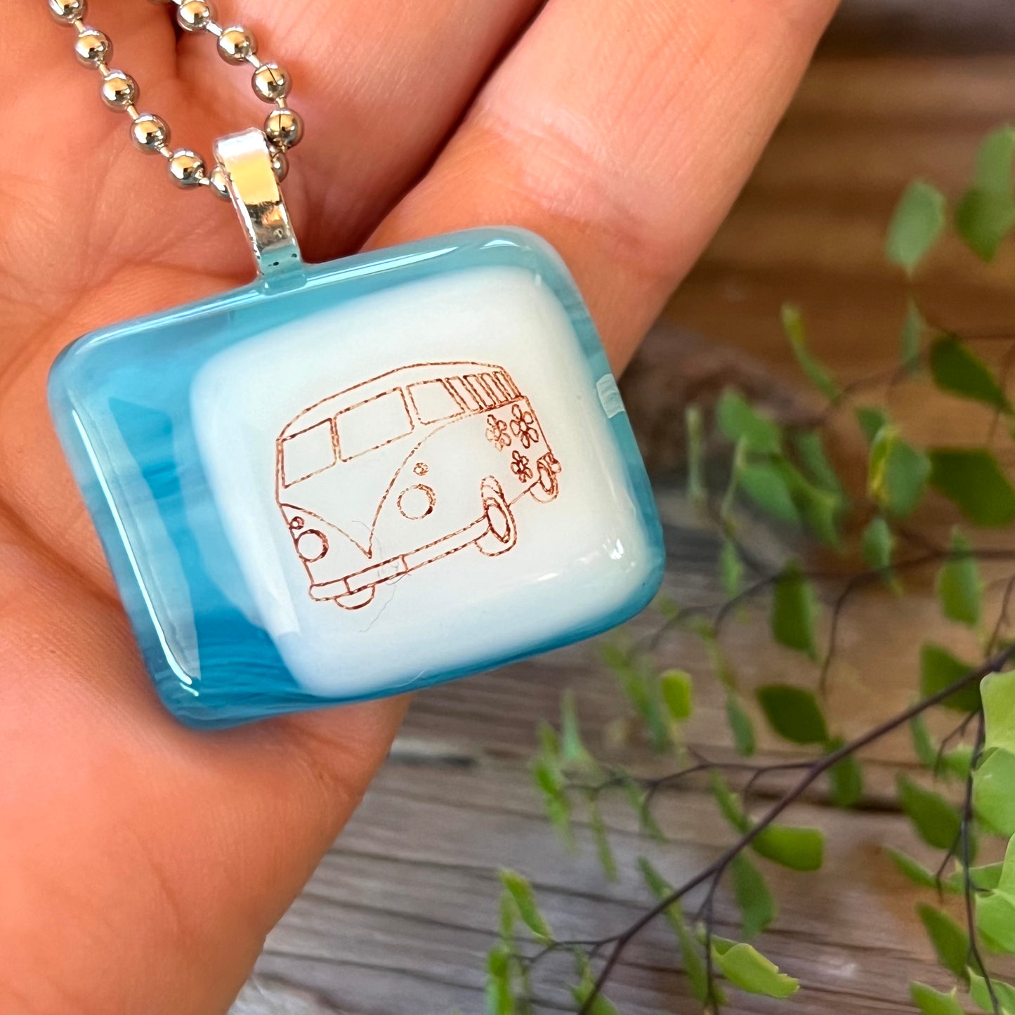 Fused Glass Bus Necklace Lt Blue