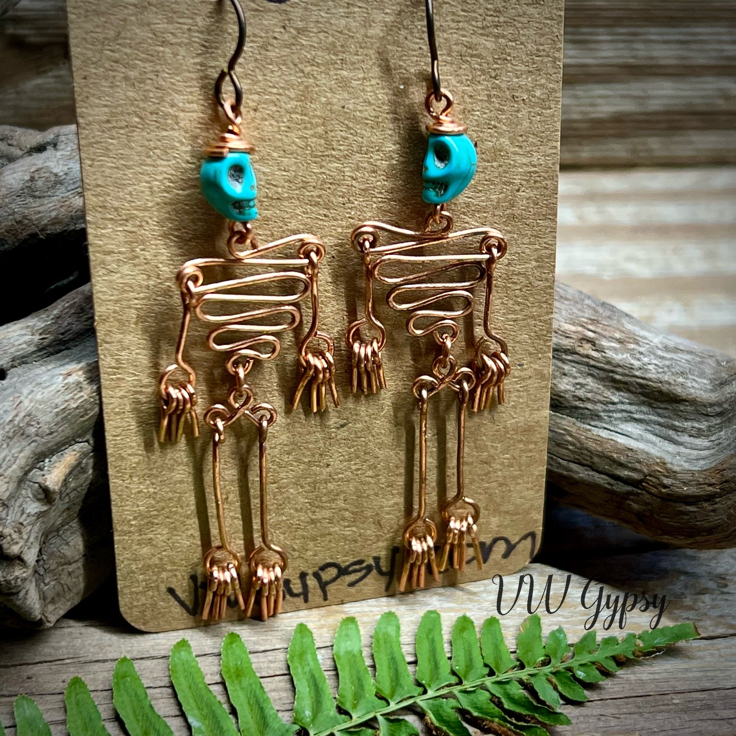 Dancing Skeleton Articulated Earrings Sterling Silver & Copper w Skull Beads