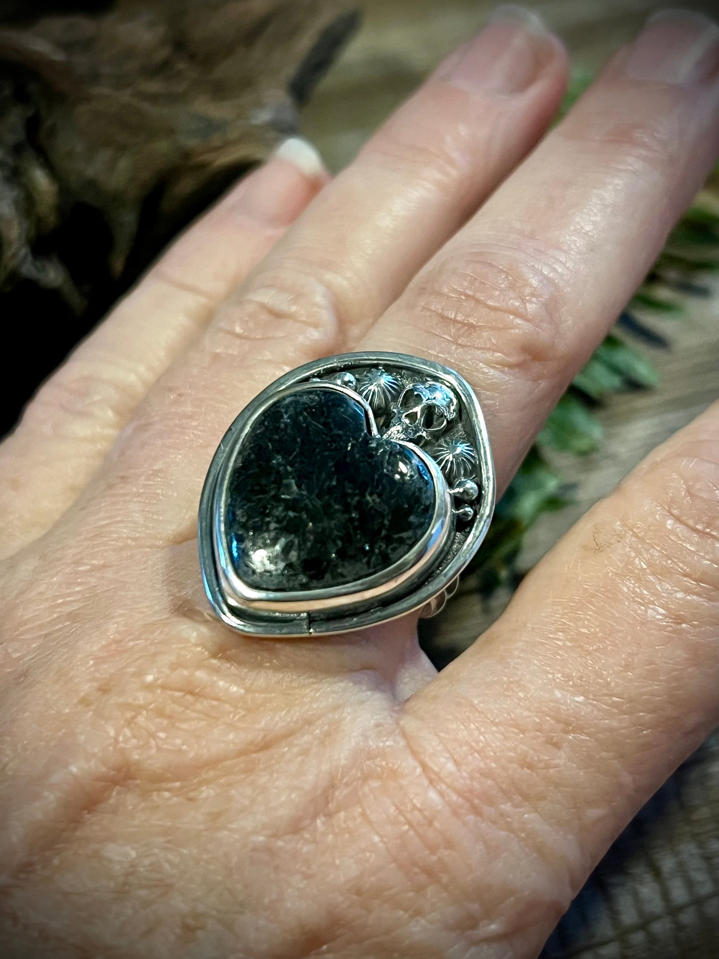 Nuummite Heart & Skull Sterling Ring 8.5