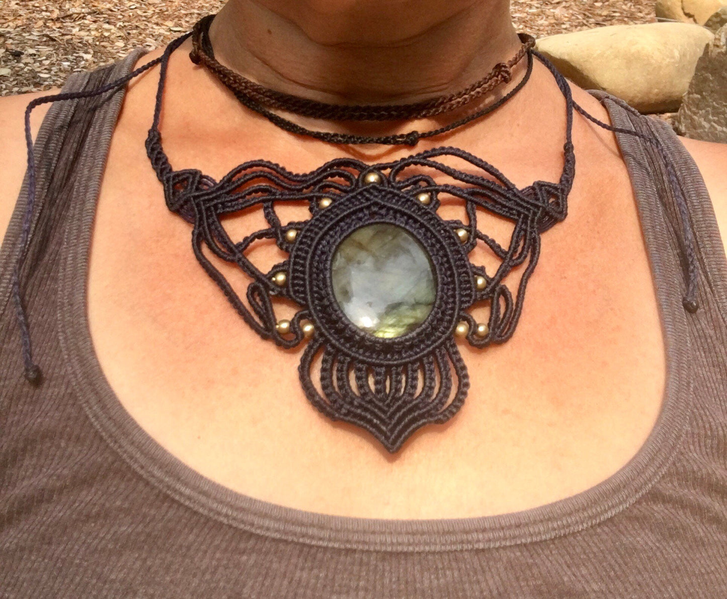 Labradorite Black Macrame Necklace Handmade #4