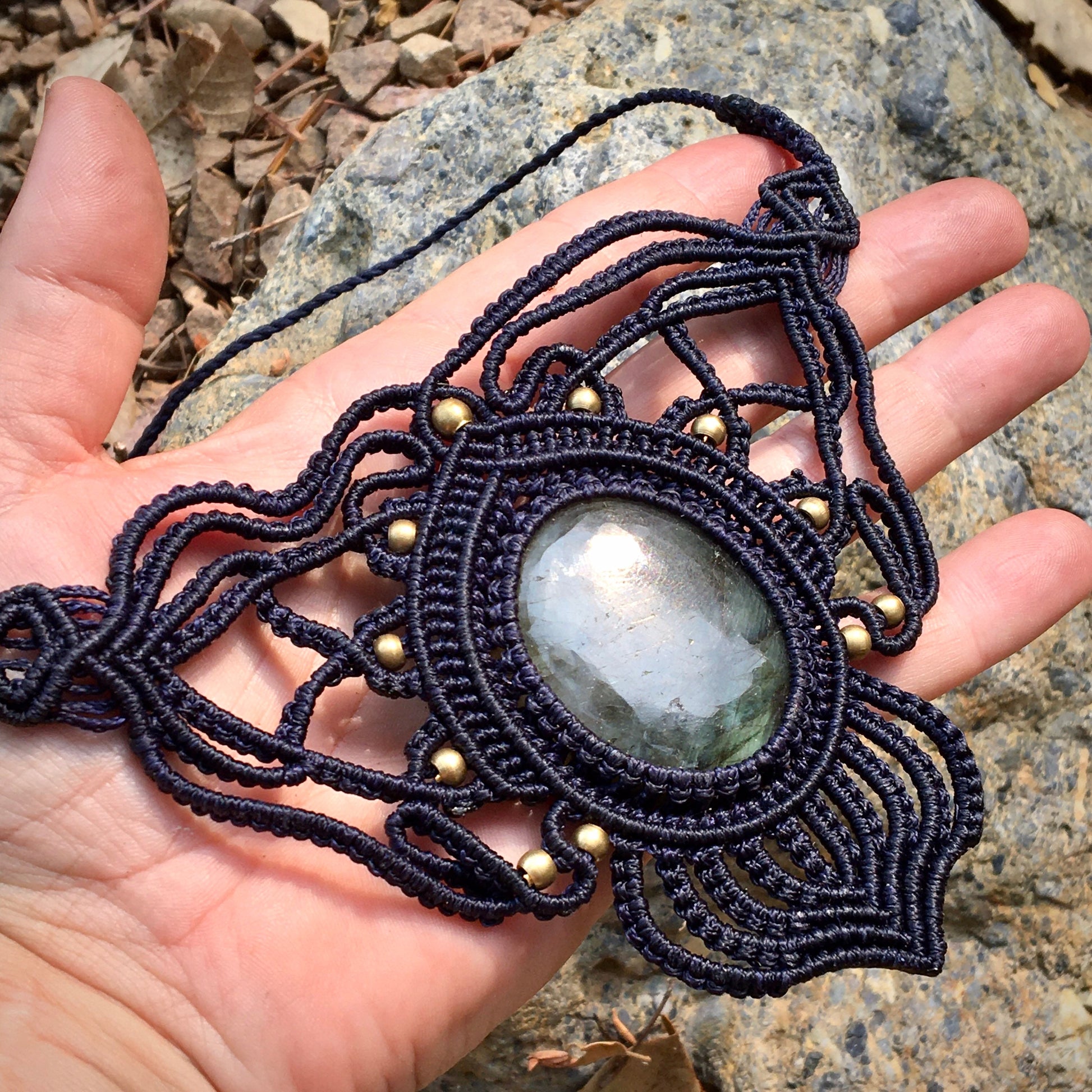 Labradorite Black Macrame Necklace Handmade #4