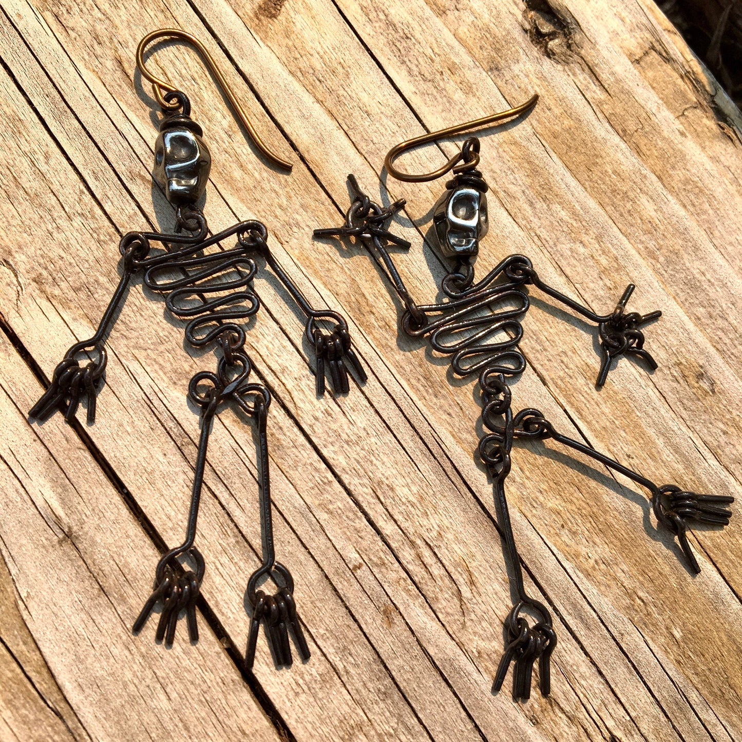 Dancing Skeleton Articulated Earrings Sterling Silver & Copper w Skull Beads