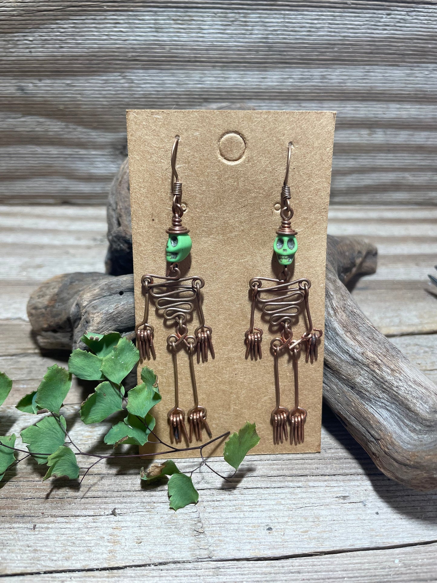 Dancing Skeleton Articulated Earrings Sterling Silver & Copper w Skull Beads