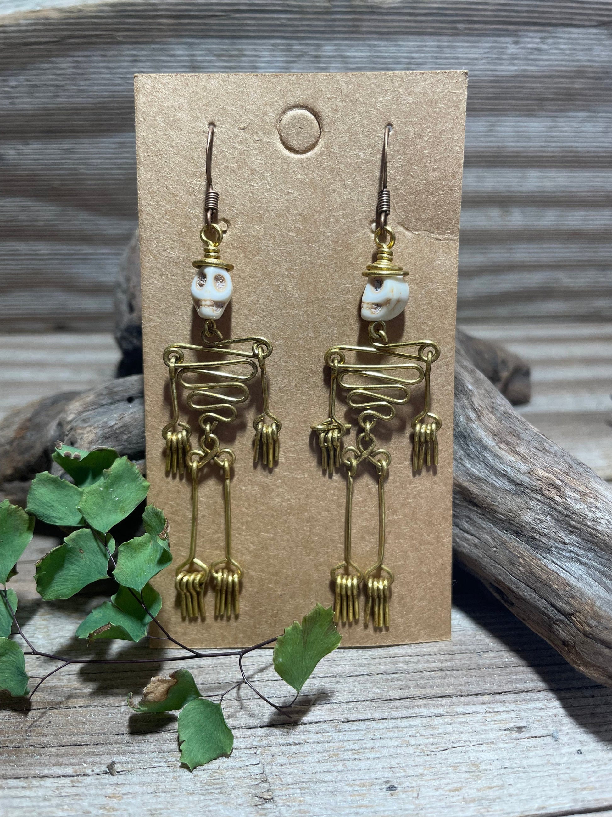 Dancing Skeleton Articulated Earrings Sterling Silver & Copper w Skull Beads
