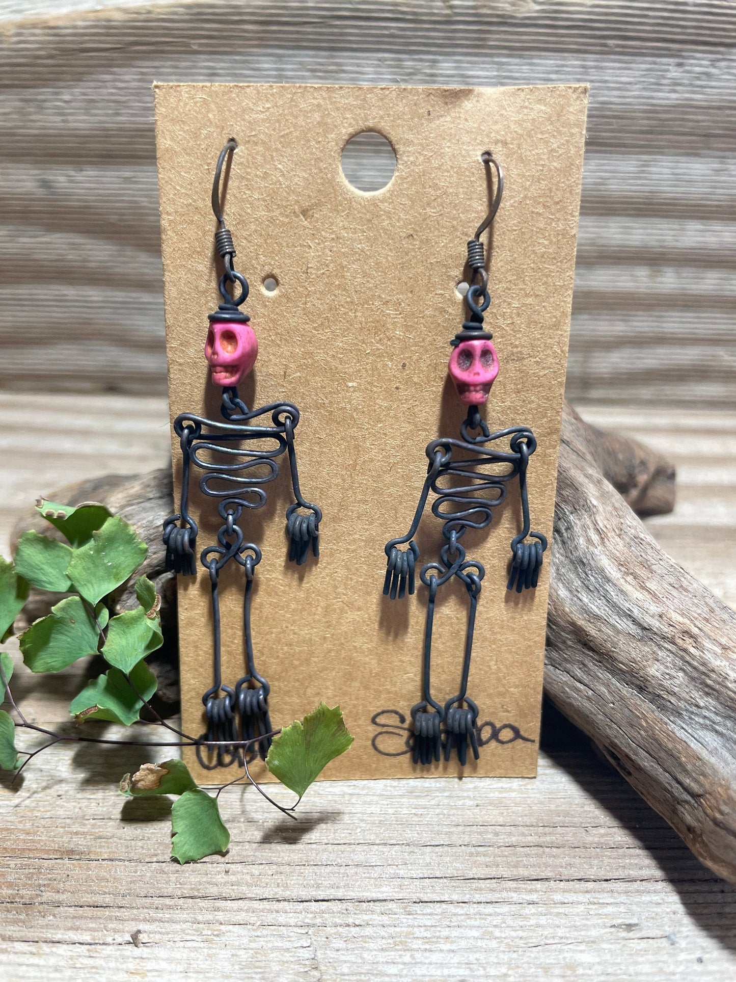 Dancing Skeleton Articulated Earrings Sterling Silver & Copper w Skull Beads