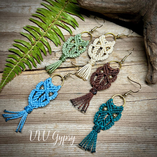Owl Macrame Earrings Handmade Hypoallergenic Nature Lover Woodland Jewelry