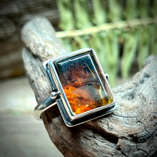 Chiapas Amber Rectangle Silver Ring .925 Size 10.5