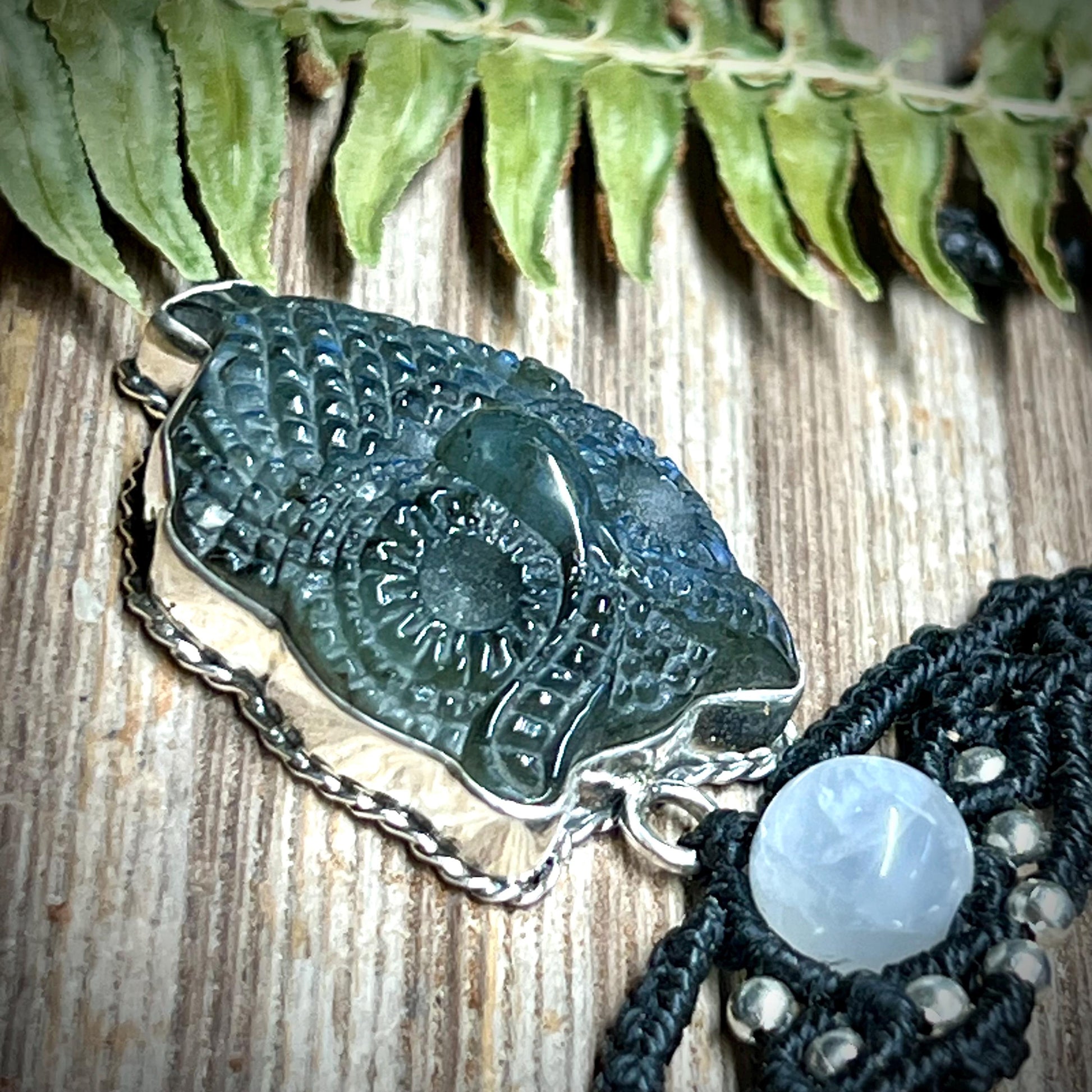 Owl Labradorite Necklace Macrame Necklace set in Sterling Silver Owl Pendant