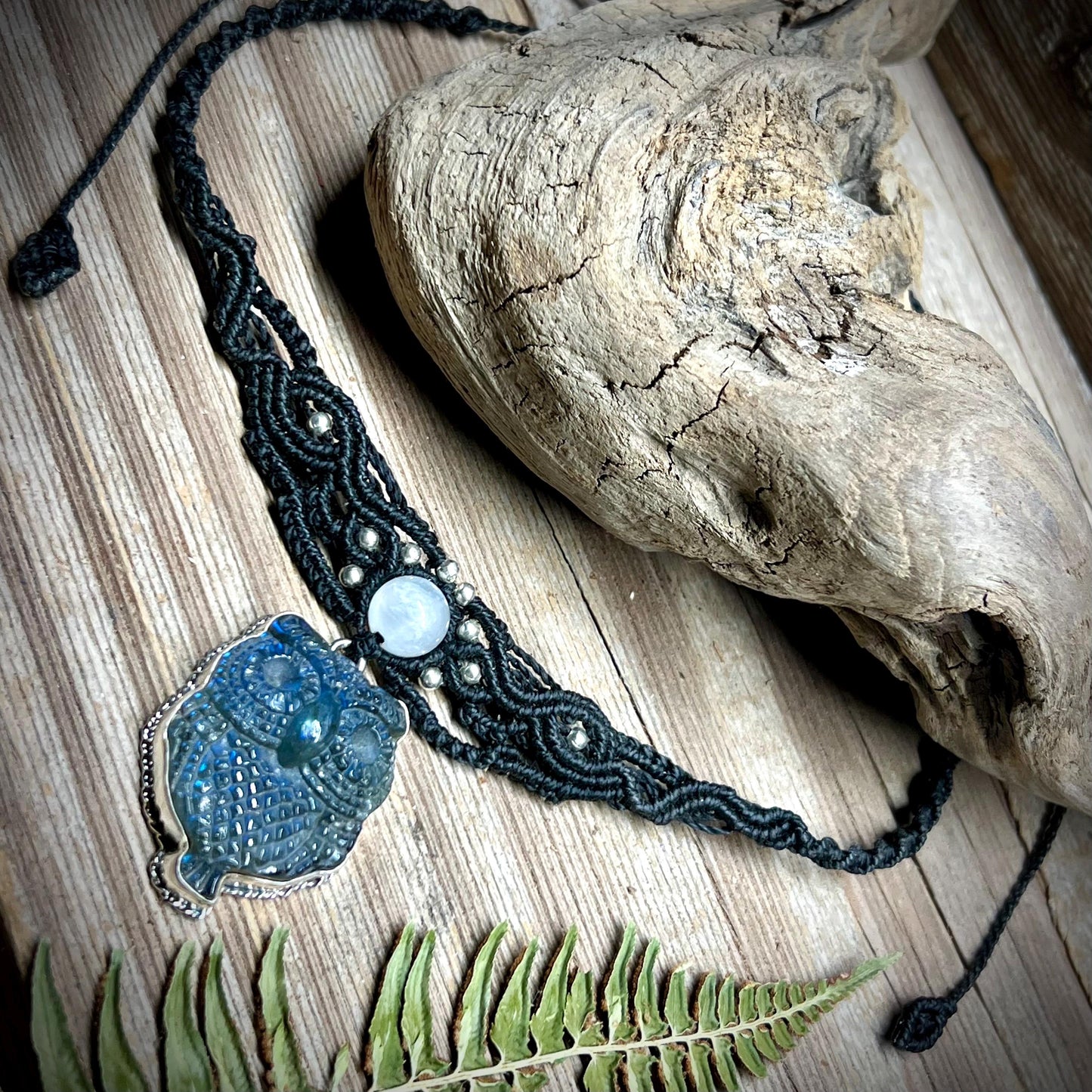 Owl Labradorite Necklace Macrame Necklace set in Sterling Silver Owl Pendant