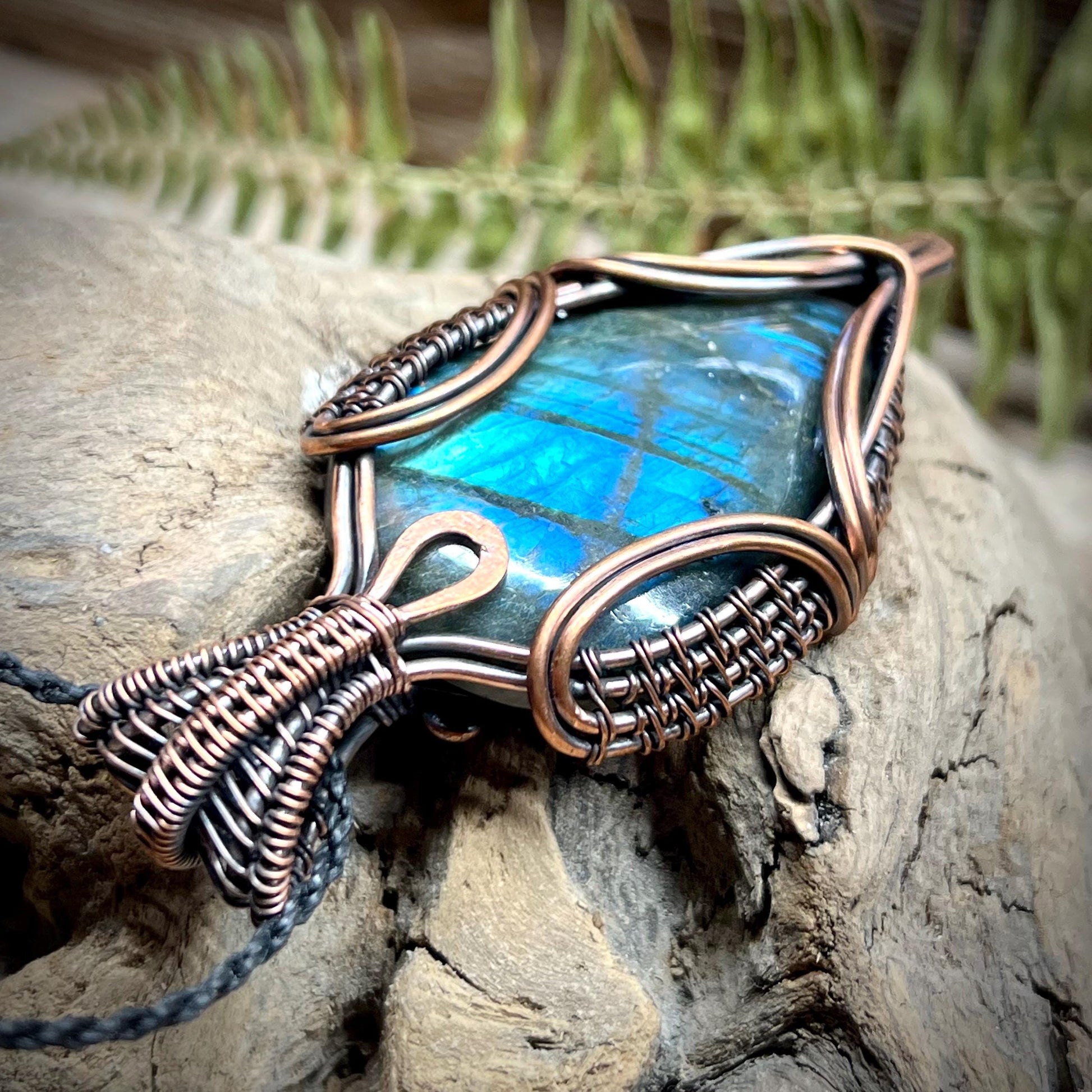 Labradorite Wire Wrap Pendant Flashy Blue Natural Gemstone