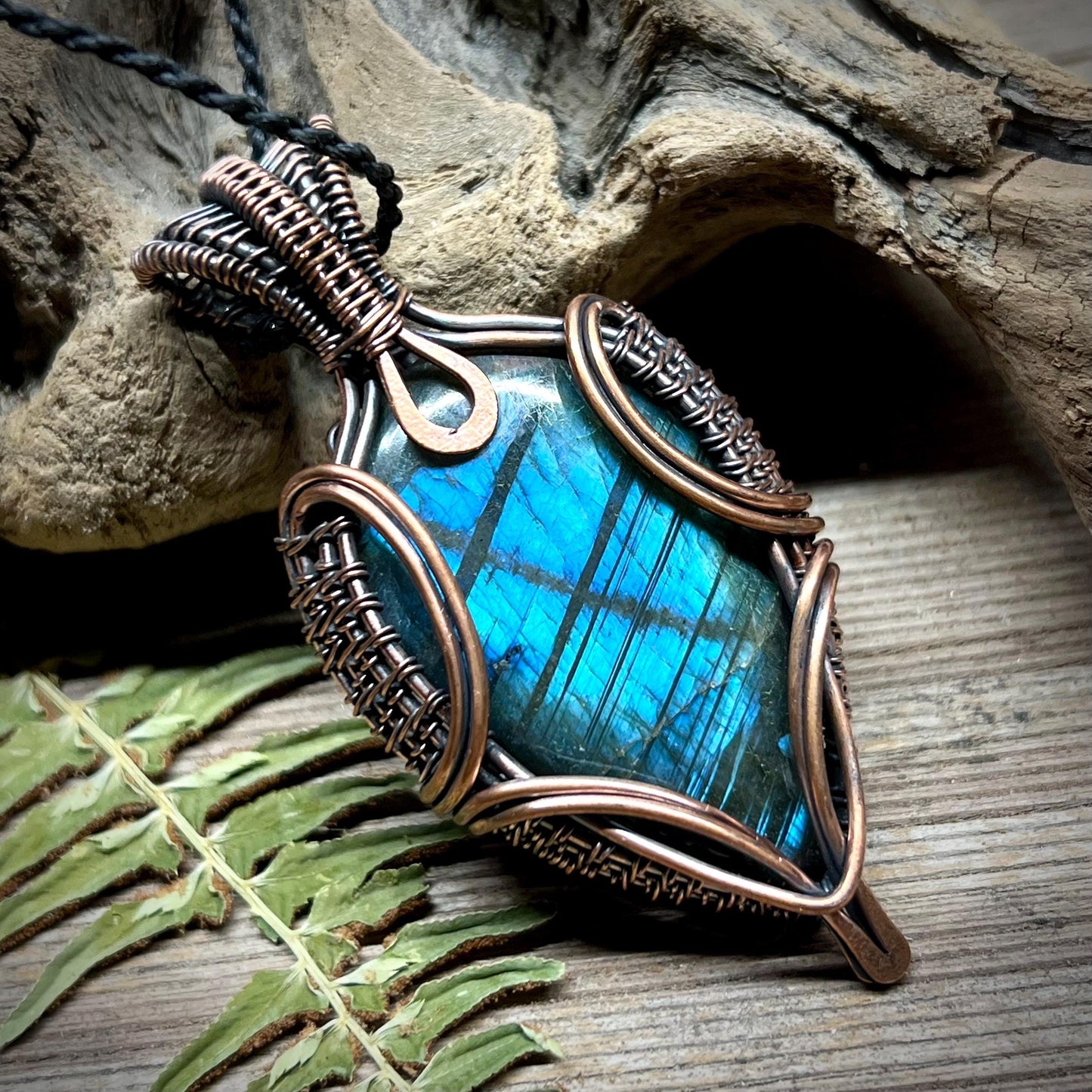 Labradorite Wire Wrap Pendant Flashy Blue Natural Gemstone
