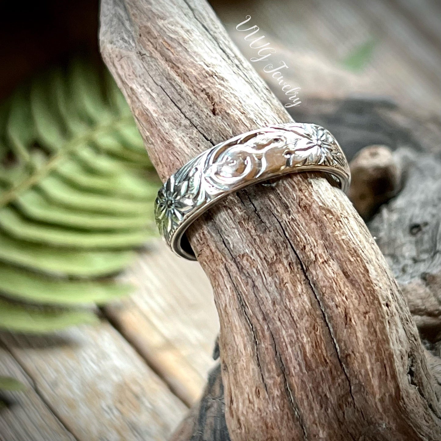 Floral Swirl Ring Band Sterling Silver 925 Botanical Nature Inspired Stacking